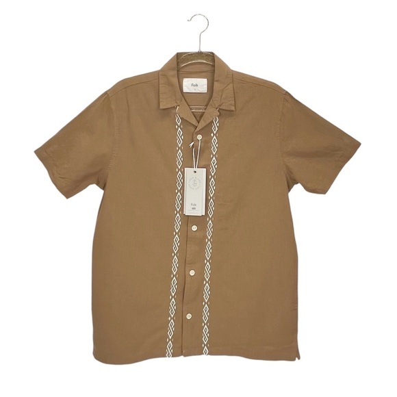 Folk Men's Size Small Maze Short Sleeve Cotton Linen Shirt Button Up Tan New NWT - Picture 1 of 5